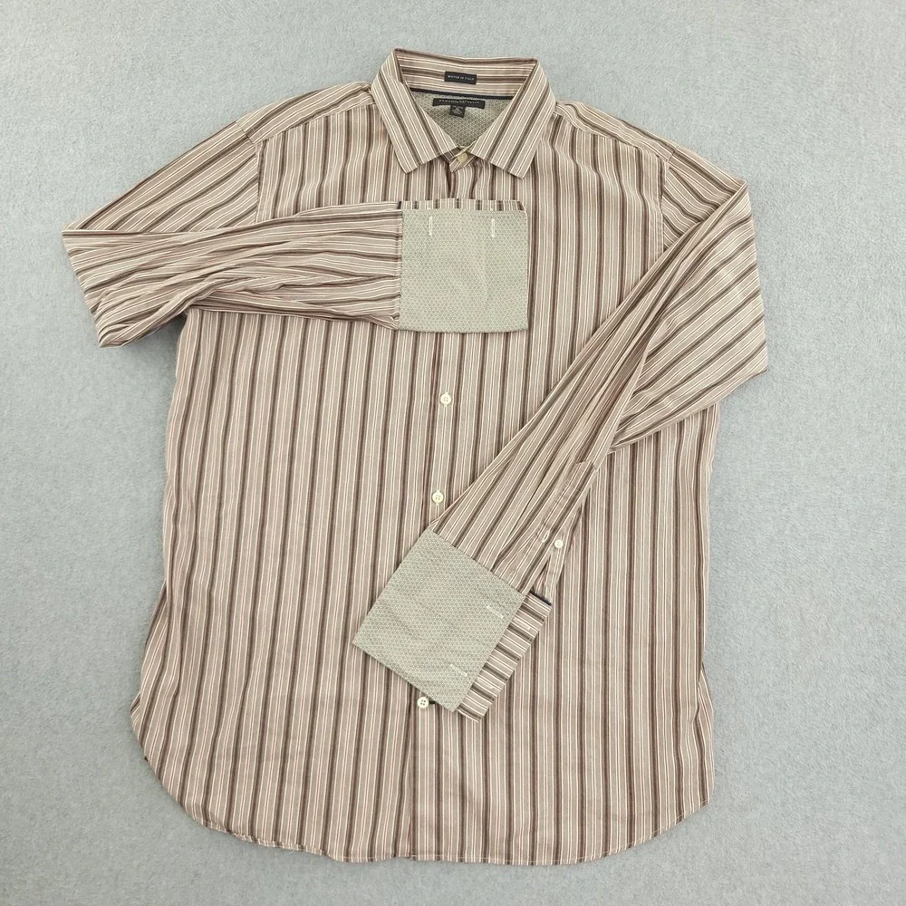Banana Republic Dress Shirt Mens 17.5 34/35 Brown Stripe Slim Fit Italian Fabric